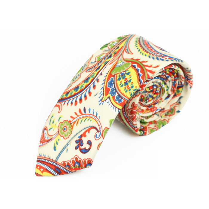 6cm White, Yellow, Venom Green and Red Cotton Paisley Skinny Tie