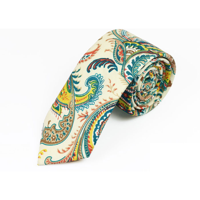 6cm Yellow, Teal, SeaShell and Champagne Cotton Paisley Skinny Tie