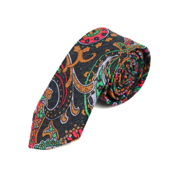 6cm Black Eel and Orange Salmon Cotton Paisley Skinny Tie