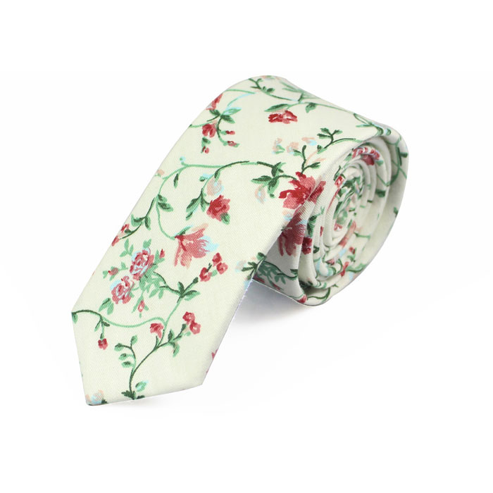 6cm White and Green Cotton Floral Skinny Tie