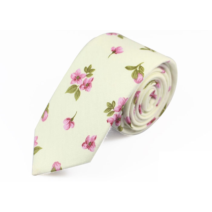 6cm SeaShell, Dark Salmon and Oak Brown Cotton Floral Skinny Tie