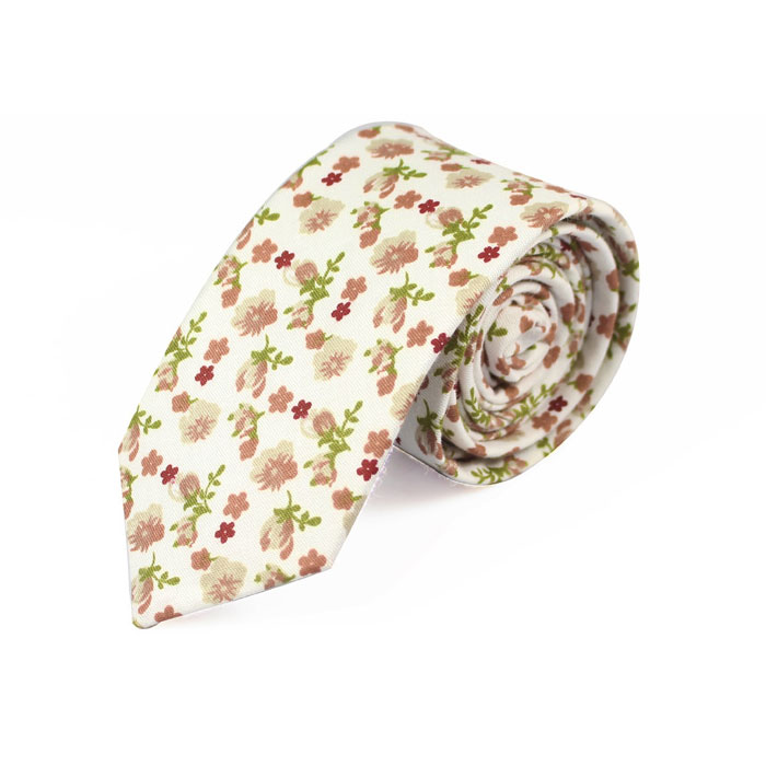 6cm SeaShell, Oak Brown and Dark Salmon Cotton Floral Skinny Tie