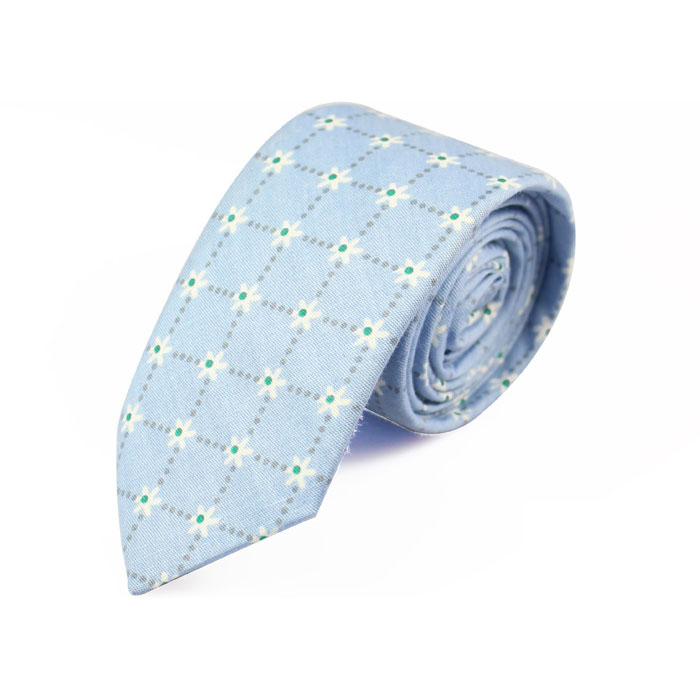 6cm Blue Hosta, White and Green Cotton Plaid Skinny Tie