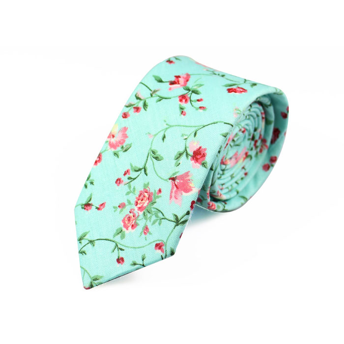 6cm Green and Pink Cotton Floral Skinny Tie