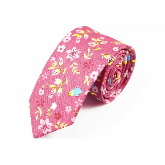 6cm Dark Salmon, Mint green, White and Brass Cotton Floral Skinny Tie