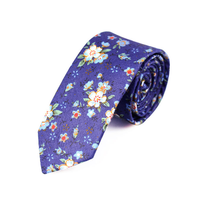 6cm Navy Blue, SeaShell, Dark Salmon and Pumpkin Orange Cotton Floral Skinny Tie