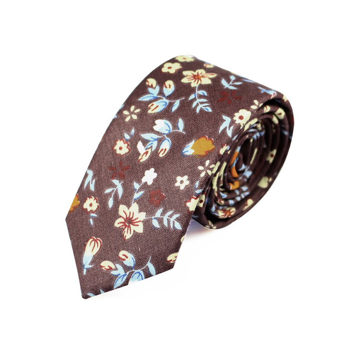 6cm Brown and Midnight Cotton Floral Skinny Tie