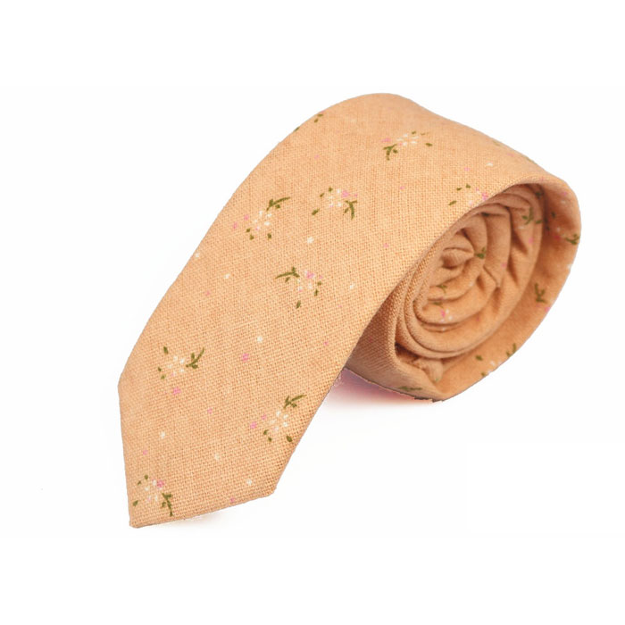 6cm Light Salmon, Dark Goldenrod and White Cotton-Linen Blend Novelty Skinny Tie