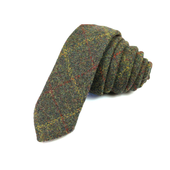 5cm Green and Brown Cotton Plaid Skinny Tie