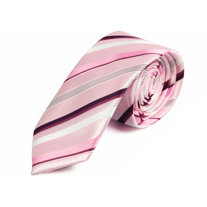 6cm White, Eggplant and Rose Polyester Striped Skinny Tie
