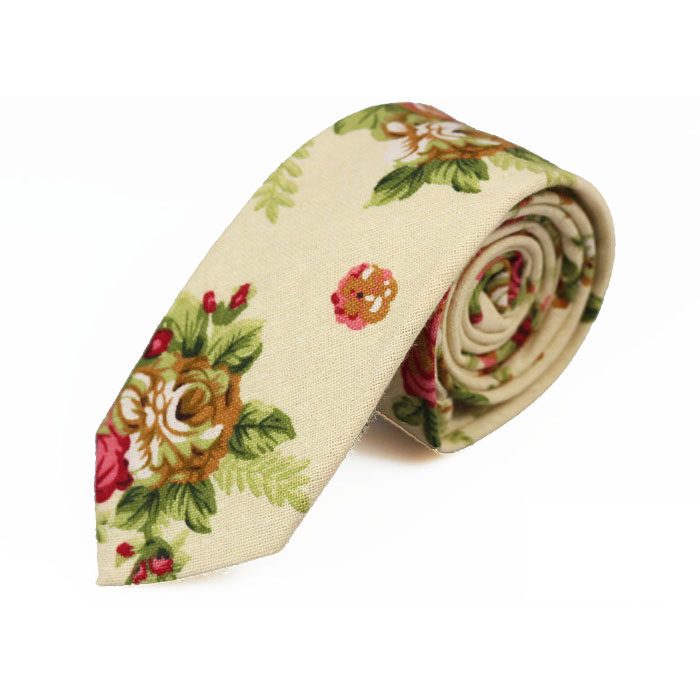 6cm SeaShell, Pink Bow and Moccasin Cotton-Linen Blend Floral Skinny Tie
