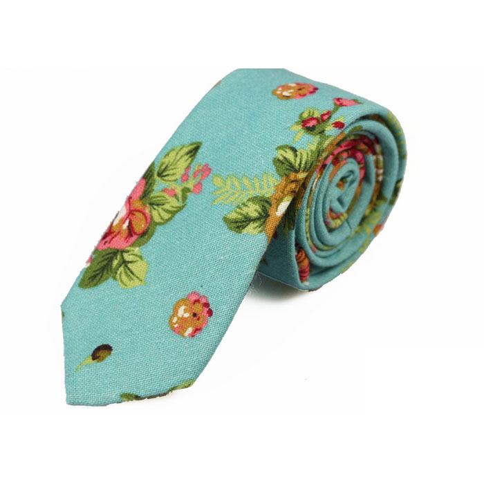 6cm Light Sea Green, Moccasin and Pale Blue Lily Cotton-Linen Blend Floral Skinny Tie