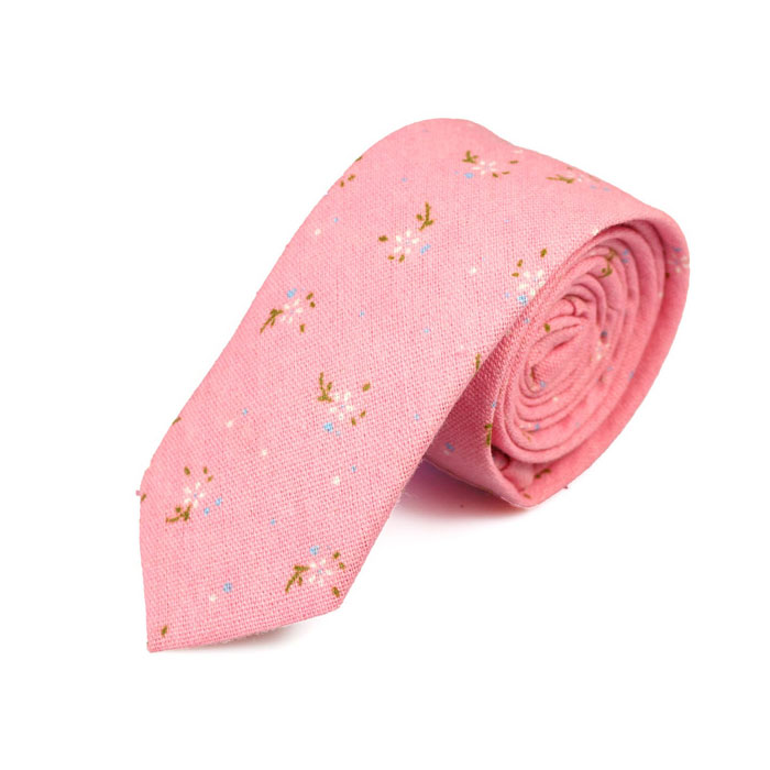 6cm Pink Cotton-Linen Blend Floral Skinny Tie
