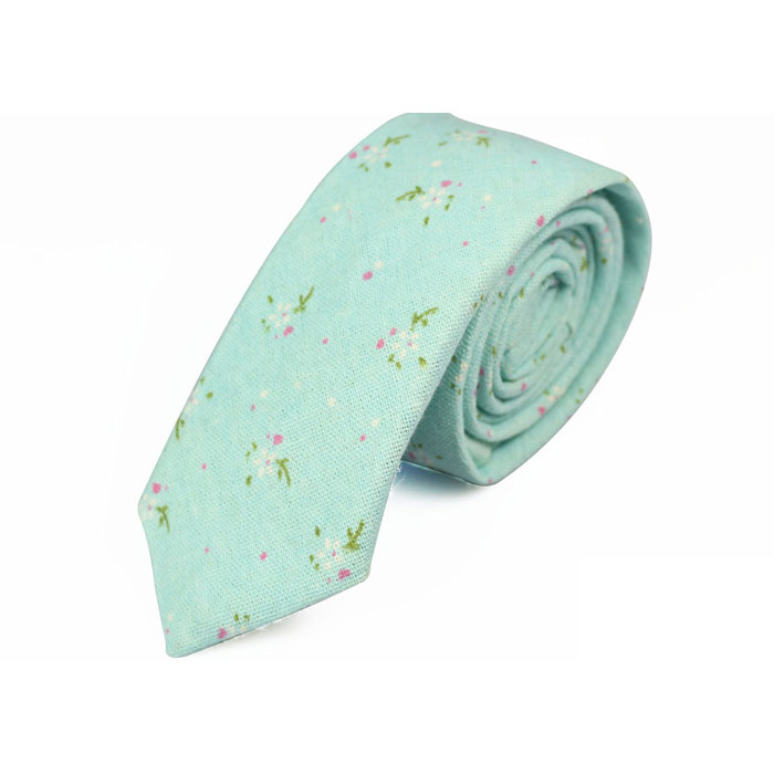 6cm Light Aquamarine and Green Cotton-Linen Blend Floral Skinny Tie