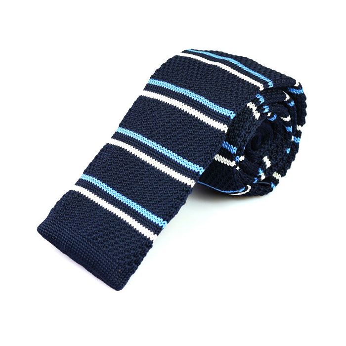 6cm Midnight Blue and White Knit Striped Skinny Tie