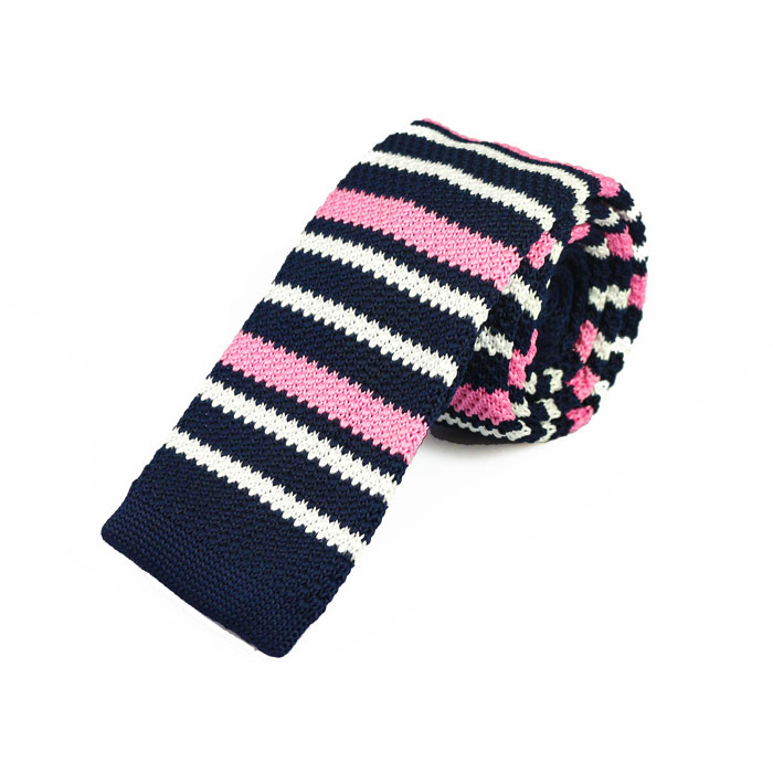 6cm Midnight Blue, Khaki Rose and White Knit Striped Skinny Tie