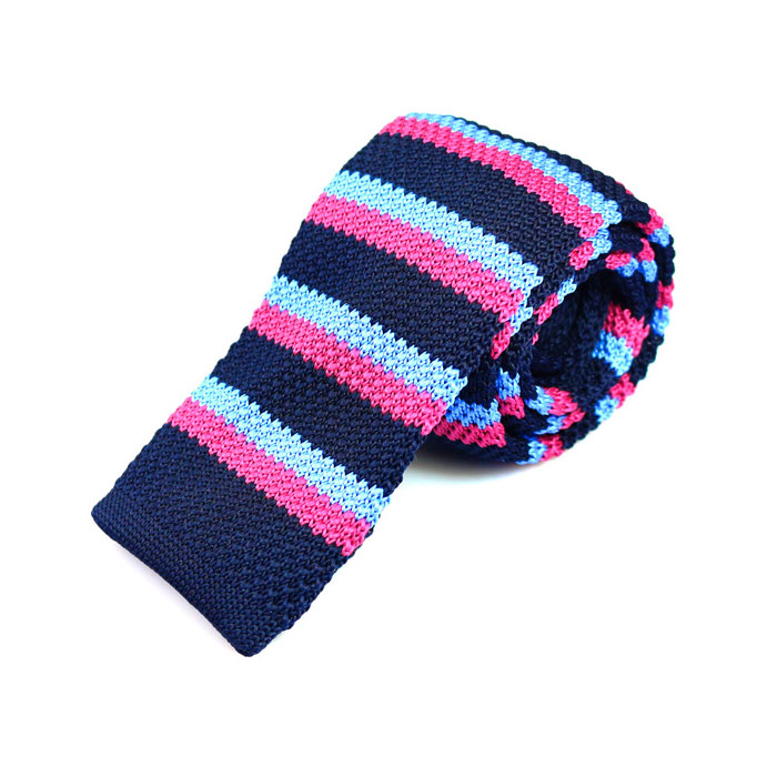 6cm Dark Slate Blue and Carnation Pink Knit Striped Skinny Tie