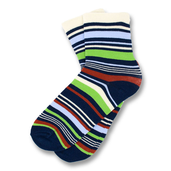 Midnight Blue, White, Jade Green and Brown Cotton Striped Socks